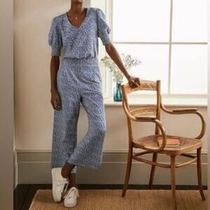 Boden Estella Jersey Jumpsuit Blue Micro Floral Smocked Waist & Sleeves Size 2P